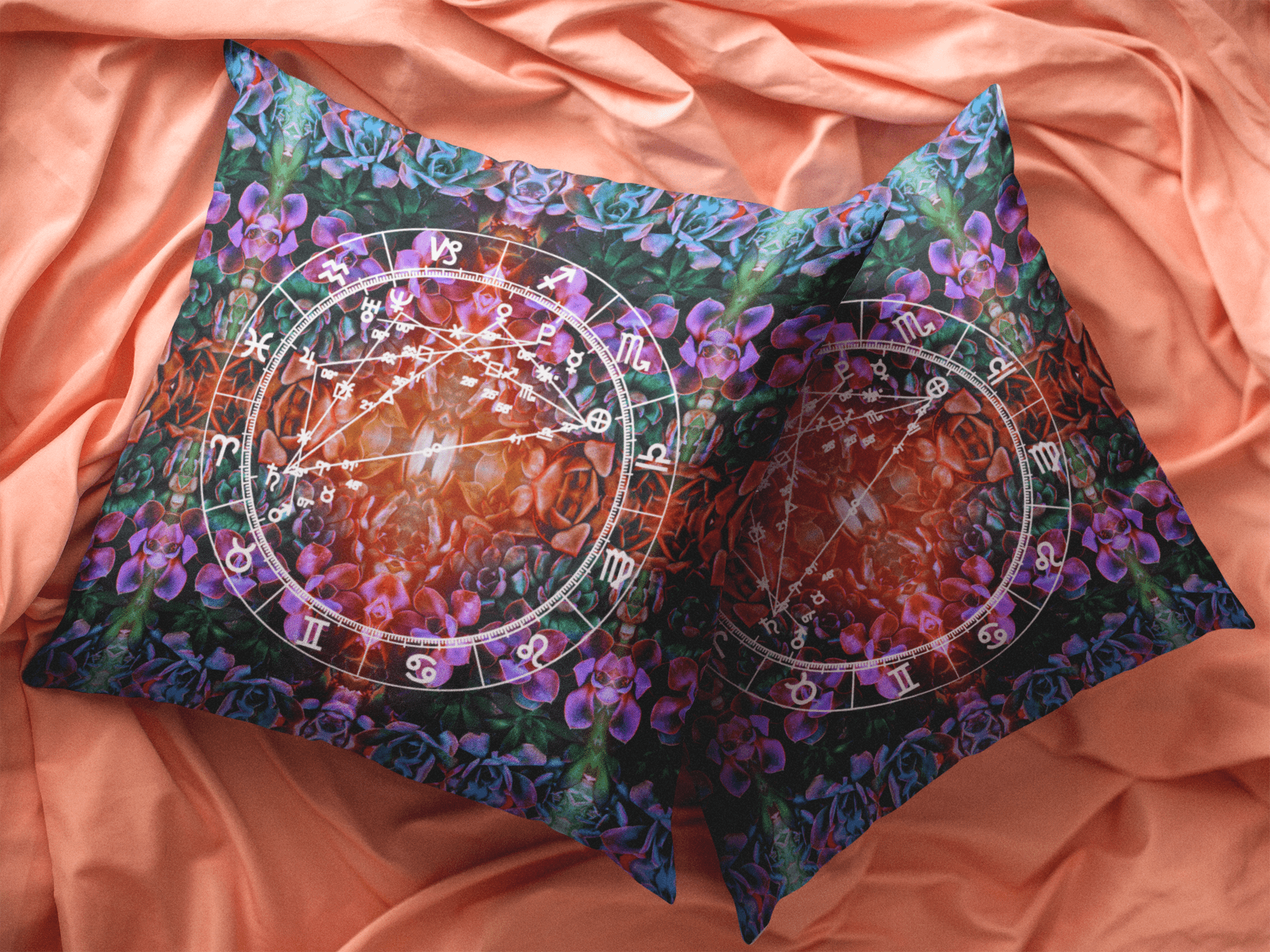 Birth Chart Throw Pillows in Golden Hour + Custom Astrology Book - Birthday Predictions Solar Return Report | Astrological birth chart analysis, cosmic clothing & home goods!