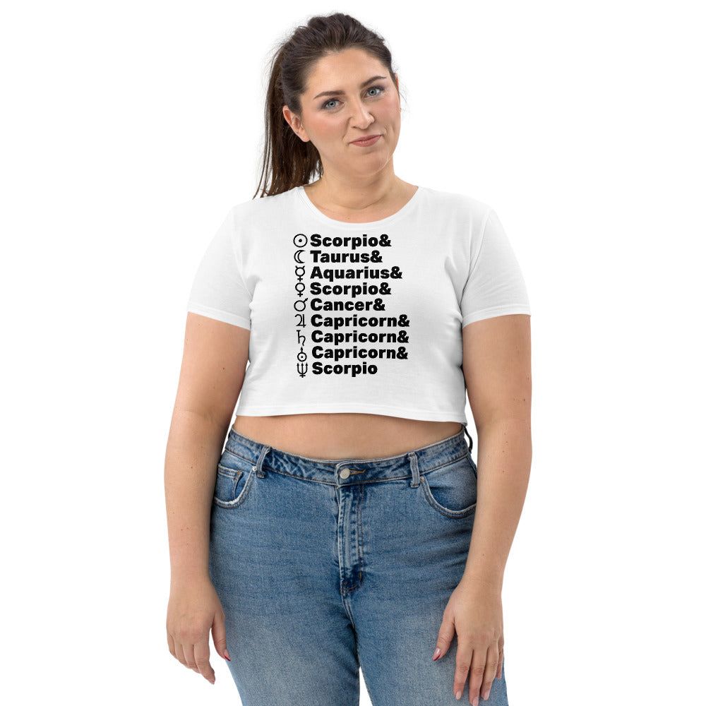 Planetary Alignment ORGANIC Crop Top in White + Custom Astrology Book - Birthday Predictions Solar Return Report | Astrological birth chart analysis, cosmic clothing & home goods!