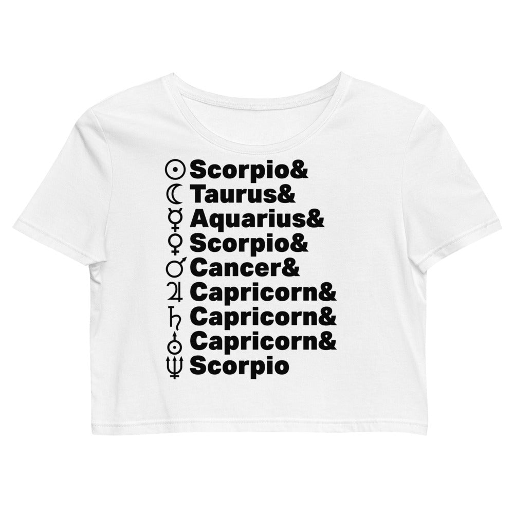 Planetary Alignment ORGANIC Crop Top in White + Custom Astrology Book - Birthday Predictions Solar Return Report | Astrological birth chart analysis, cosmic clothing & home goods!