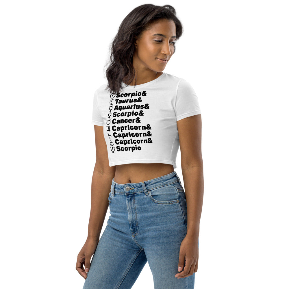 Planetary Alignment ORGANIC Crop Top in White + Custom Astrology Book - Birthday Predictions Solar Return Report | Astrological birth chart analysis, cosmic clothing & home goods!