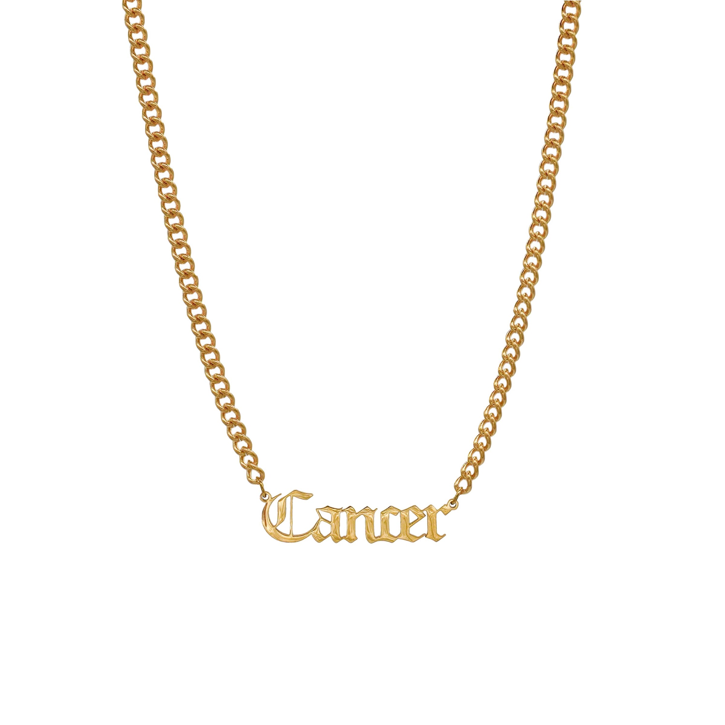 Starborn Patterns 18k Gold Plated Stainless Steel Zodiac Sign Astrology Cuban Chain Link Necklace Choker with Cancer Old English Font Charm