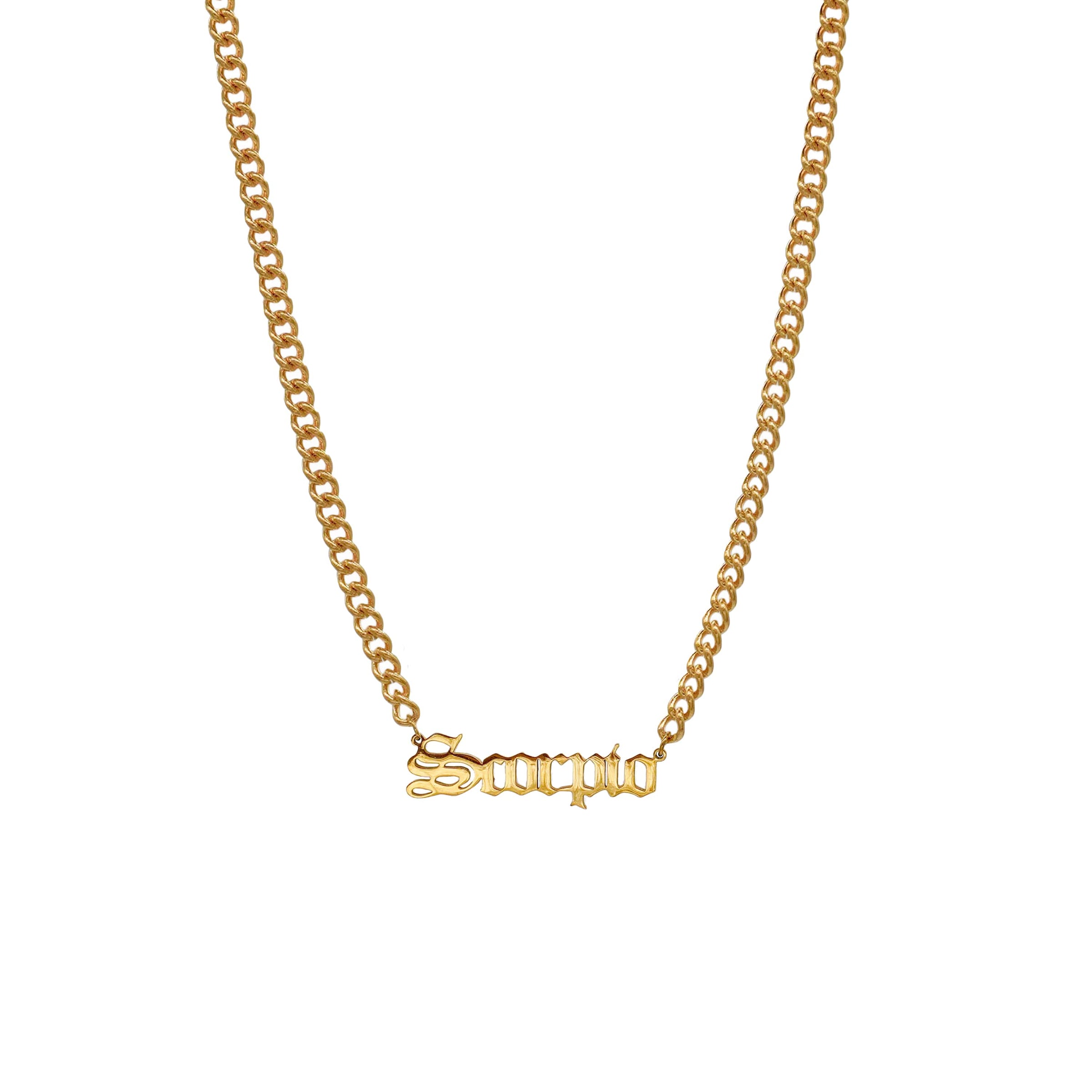 Starborn Patterns 18k Gold Plated Stainless Steel Zodiac Sign Astrology Cuban Chain Link Necklace Choker with Scorpio Old English Font Charm