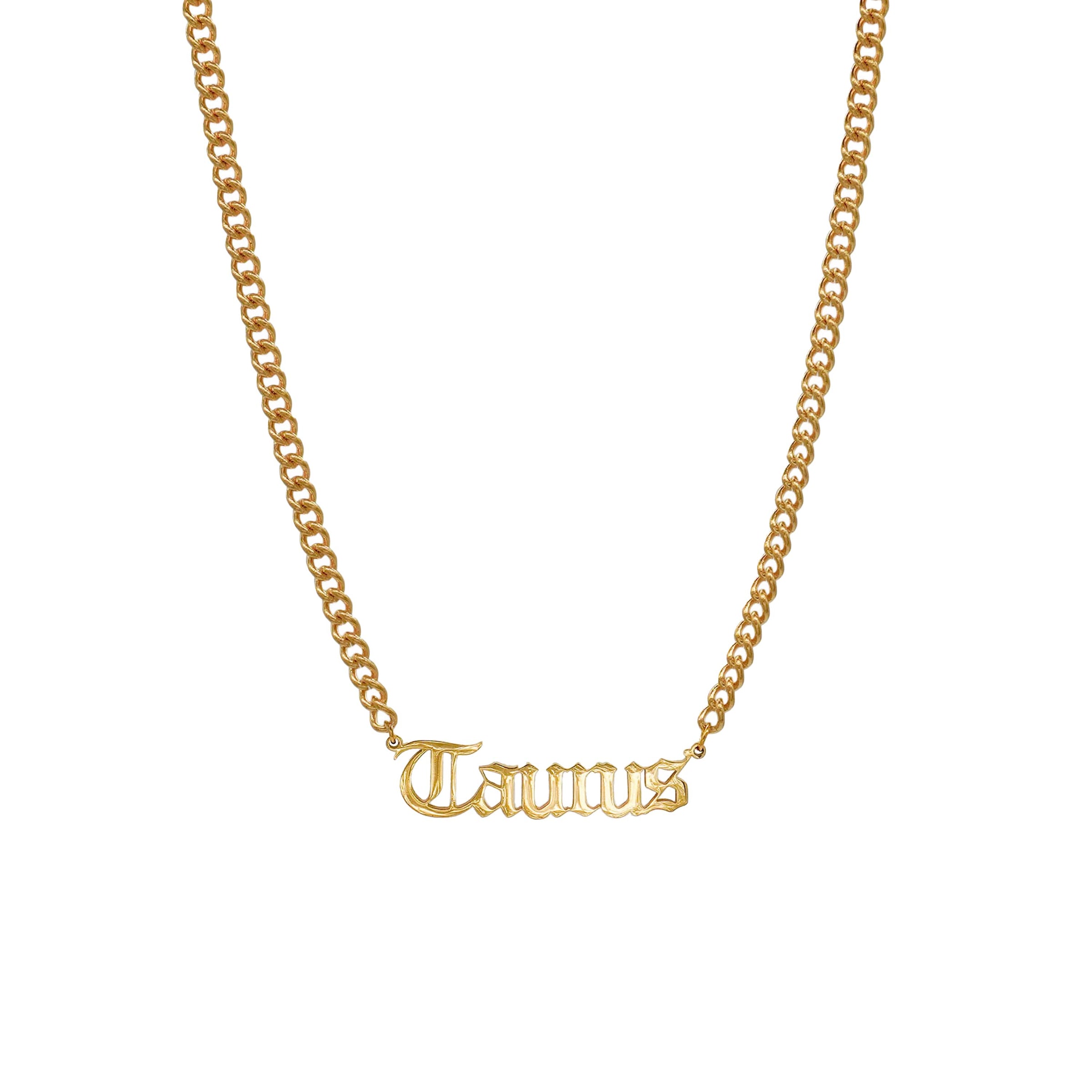 Starborn Patterns 18k Gold Plated Stainless Steel Zodiac Sign Astrology Cuban Chain Link Necklace Taurus Old English Font Charm