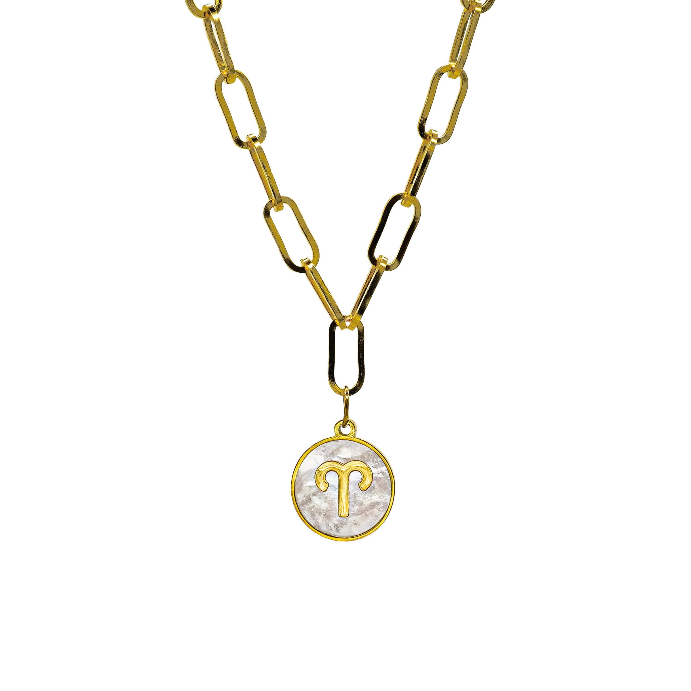 Starborn Patterns 18k Gold Plated Stainless Steel Zodiac Sign Astrology Paperclip Chain Necklace with Abalone Aries Charm Pendant