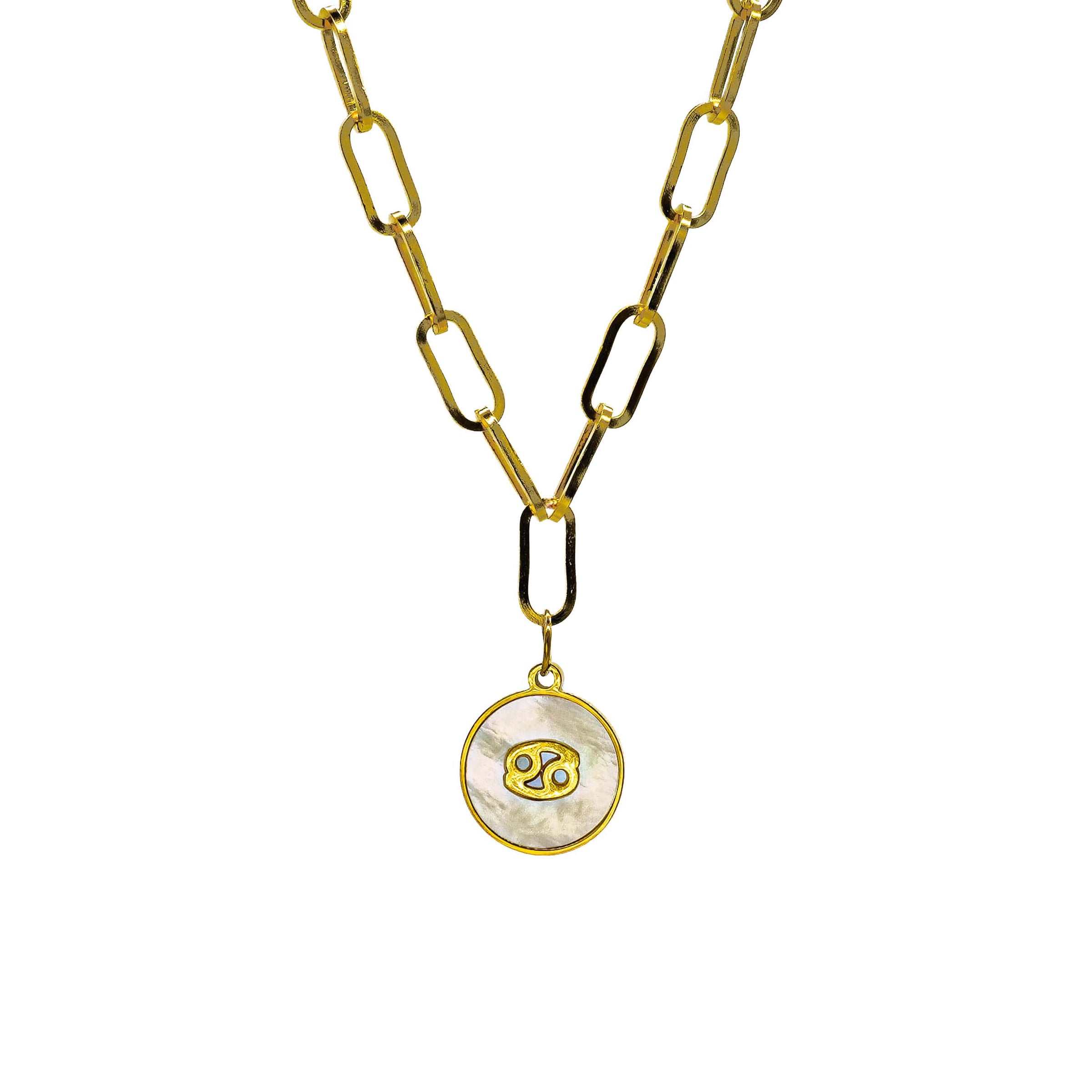Starborn Patterns 18k Gold Plated Stainless Steel Zodiac Sign Astrology Paperclip Chain Necklace with Abalone Cancer Charm Pendant
