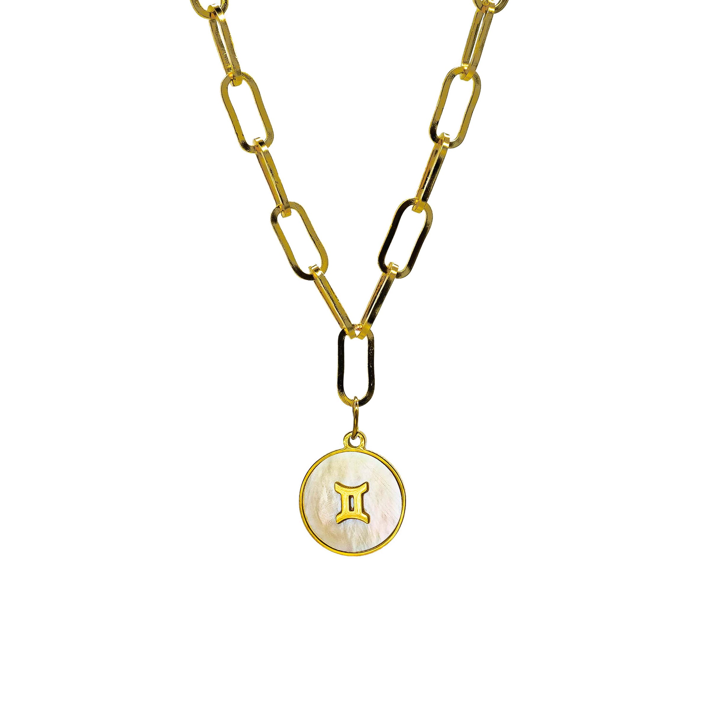 Starborn Patterns 18k Gold Plated Stainless Steel Zodiac Sign Astrology Paperclip Chain Necklace with Abalone Gemini Charm Pendant