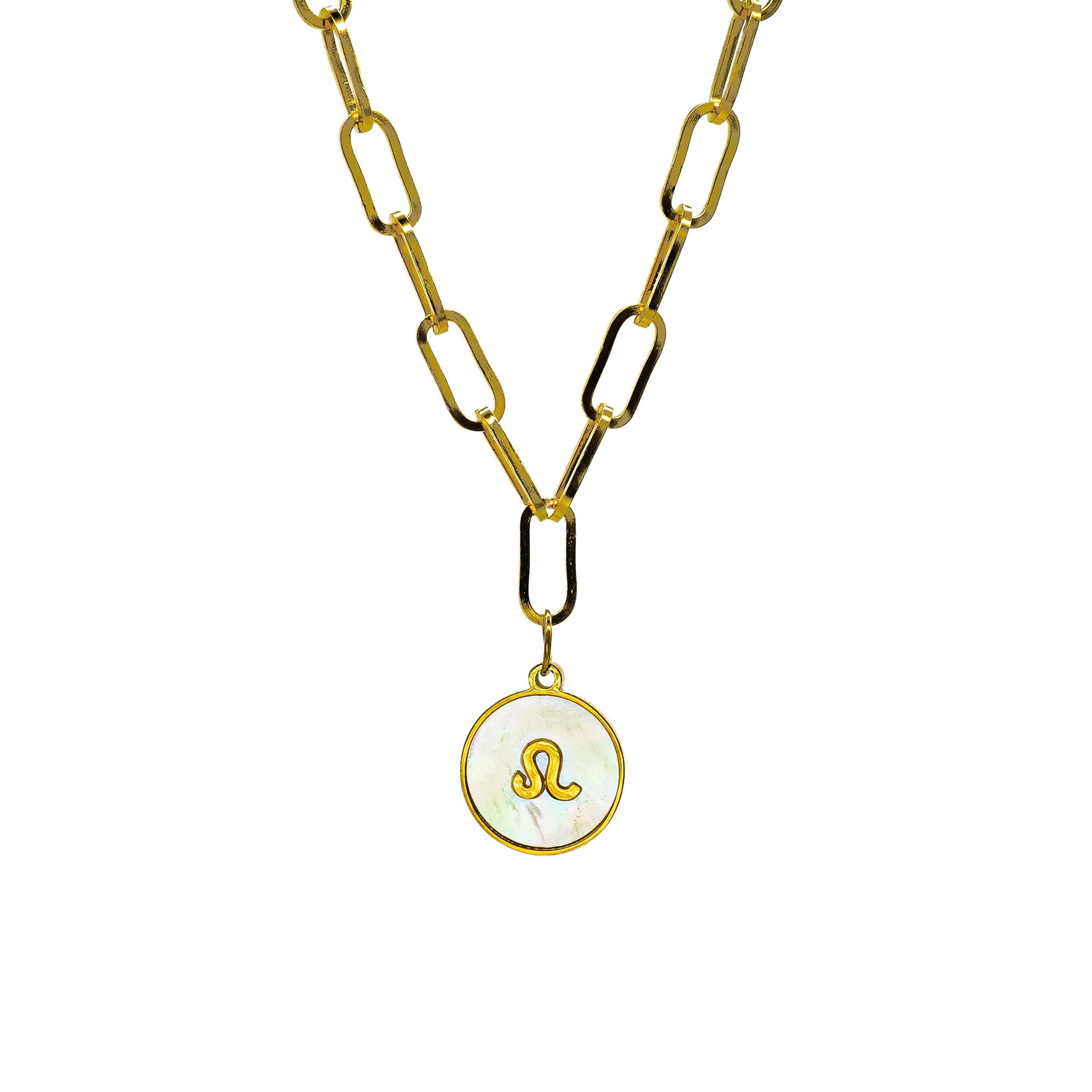 Starborn Patterns 18k Gold Plated Stainless Steel Zodiac Sign Astrology Paperclip Chain Necklace with Abalone Leo Charm Pendant