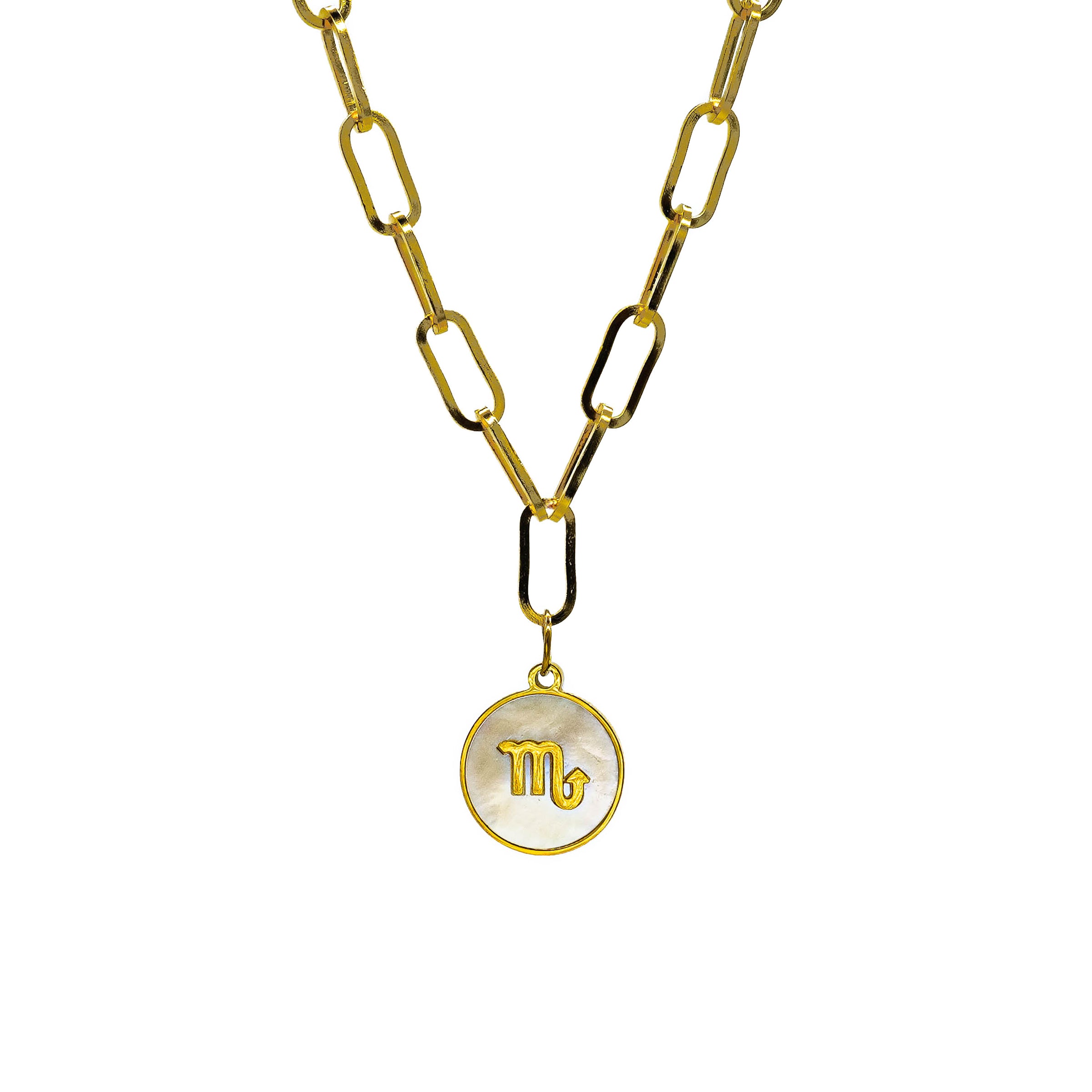 Starborn Patterns 18k Gold Plated Stainless Steel Zodiac Sign Astrology Paperclip Chain Necklace with Abalone Scorpio Charm Pendant