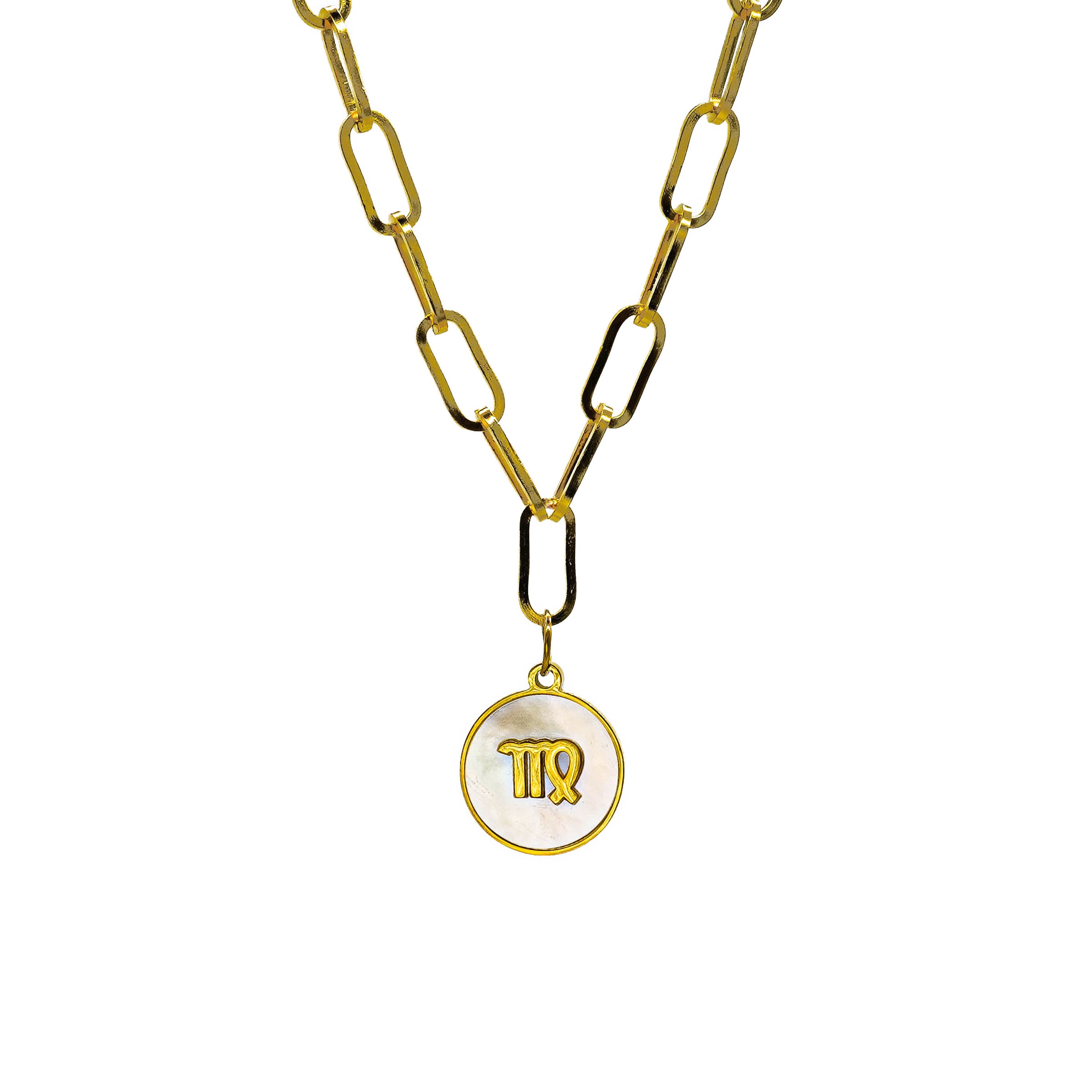 Starborn Patterns 18k Gold Plated Stainless Steel Zodiac Sign Astrology Paperclip Chain Necklace with Abalone Virgo Charm Pendant