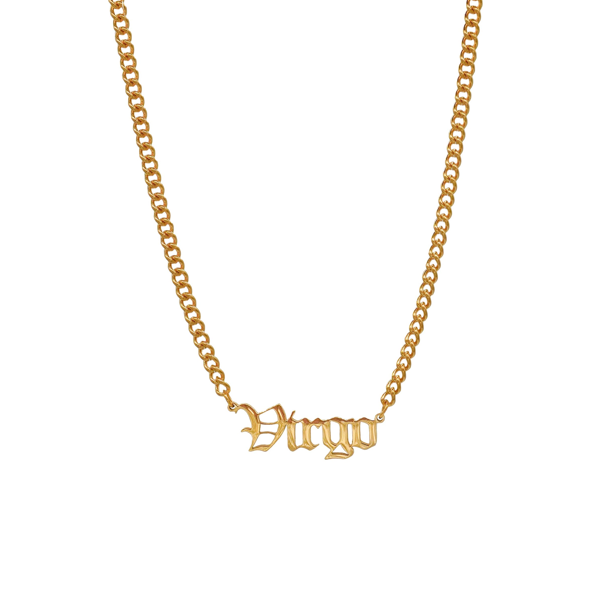 Starborn Patterns 18k Gold Plated Stainless Steel Zodiac Sign Astrology Cuban Chain Link Necklace with Virgo Old English Font Charm