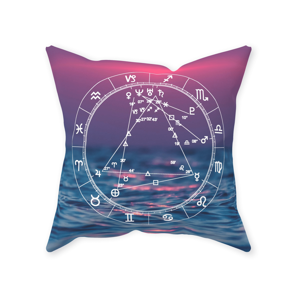 Birth Chart Throw Pillows in Sanita Seaside + Custom Astrology Book - Birthday Predictions Solar Return Report | Astrological birth chart analysis, cosmic clothing & home goods!