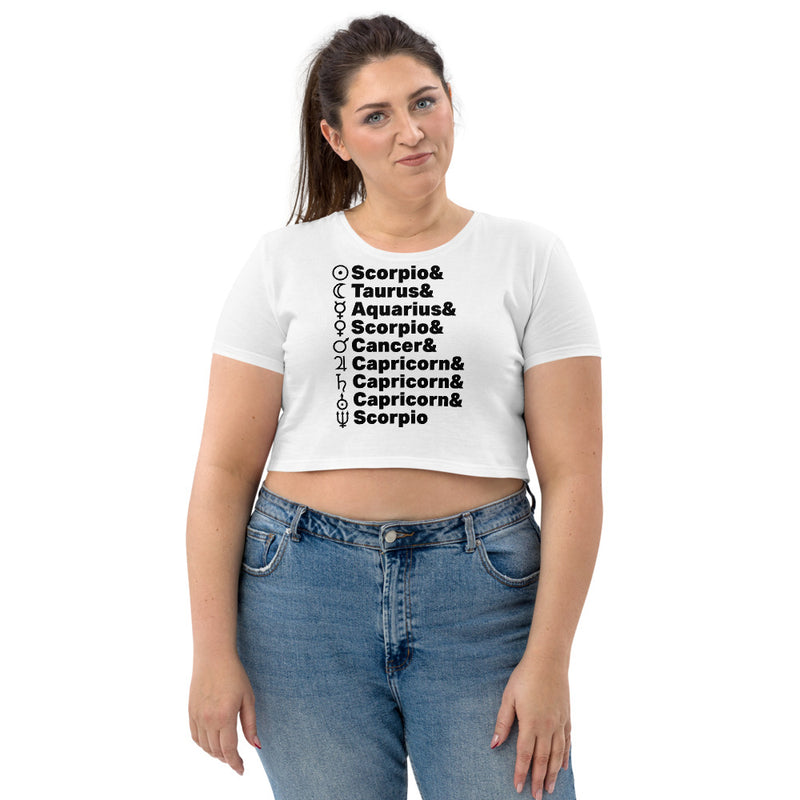 Planetary Alignment ORGANIC Crop Top in White + Custom Astrology Book - Birthday Predictions Solar Return Report | Astrological birth chart analysis, cosmic clothing & home goods!