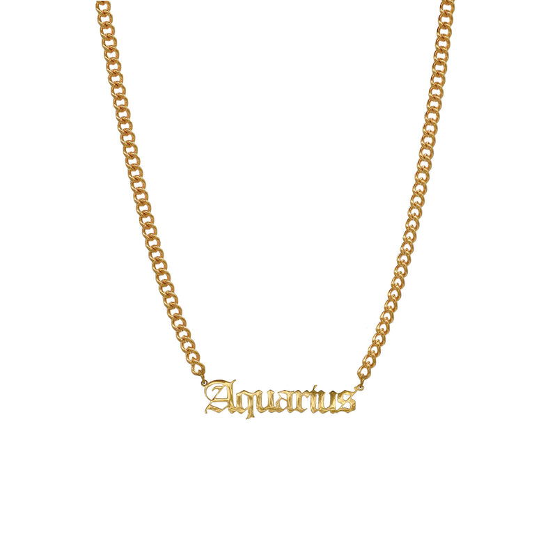 Starborn Patterns 18k Gold Plated Stainless Steel Zodiac Sign Astrology Cuban Chain Link Necklace Choker with Aquarius Old English Font Charm