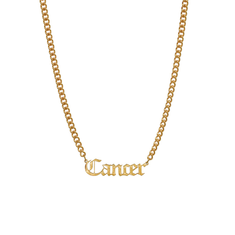 Starborn Patterns 18k Gold Plated Stainless Steel Zodiac Sign Astrology Cuban Chain Link Necklace Choker with Cancer Old English Font Charm