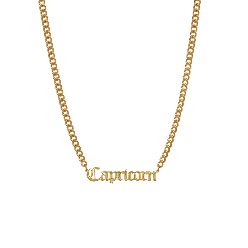 Starborn Patterns 18k Gold Plated Stainless Steel Zodiac Sign Astrology Cuban Chain Link Necklace Choker with Capricorn Old English Font Charm