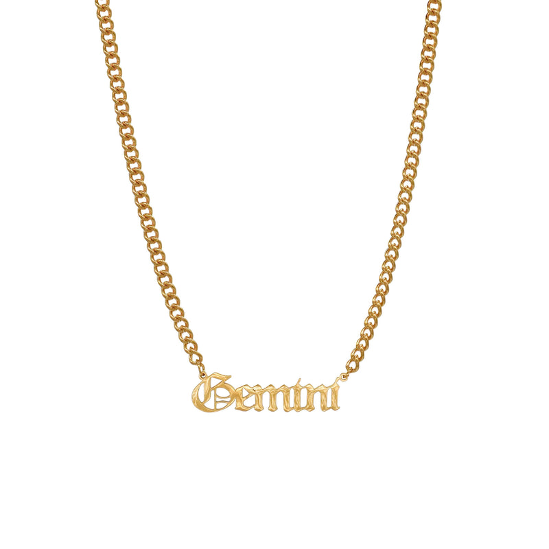 Starborn Patterns 18k Gold Plated Stainless Steel Zodiac Sign Astrology Cuban Chain Link Necklace Choker with Gemini Old English Font Charm