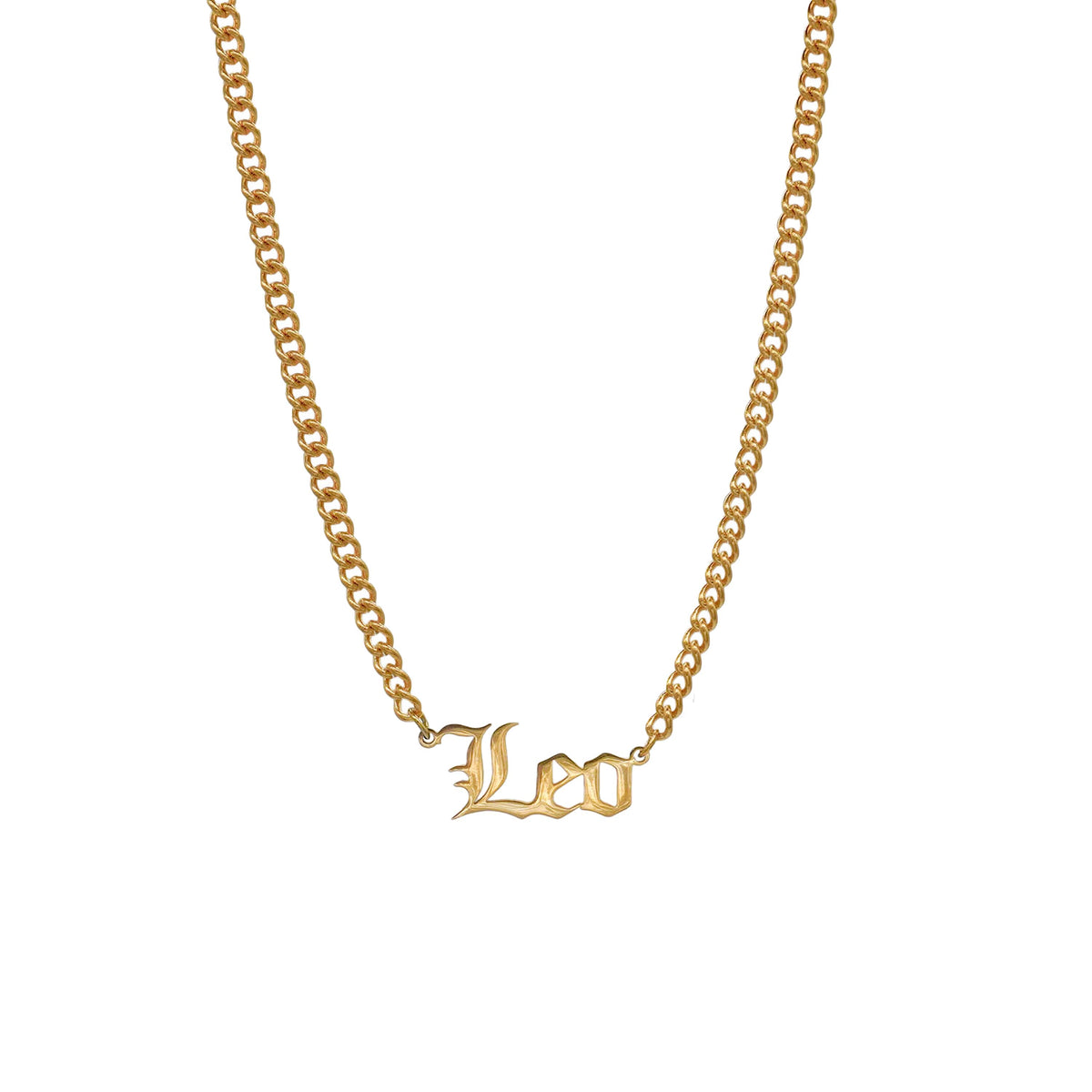 Starborn Patterns 18k Gold Plated Stainless Steel Zodiac Sign Astrology Cuban Chain Link Necklace Choker with Leo Old English Font Charm