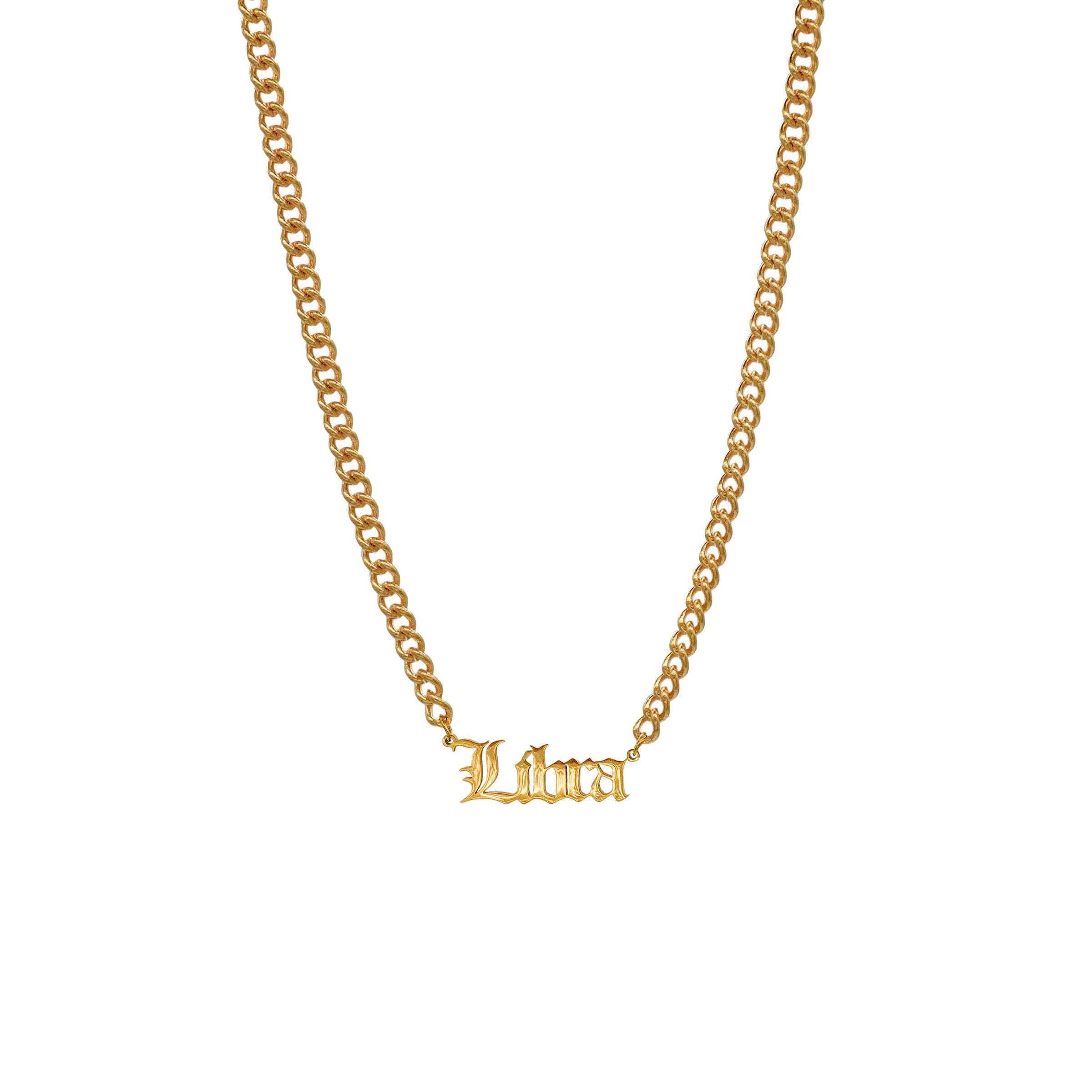 Starborn Patterns 18k Gold Plated Stainless Steel Zodiac Sign Astrology Cuban Chain Link Necklace Choker with Libra Old English Font Charm