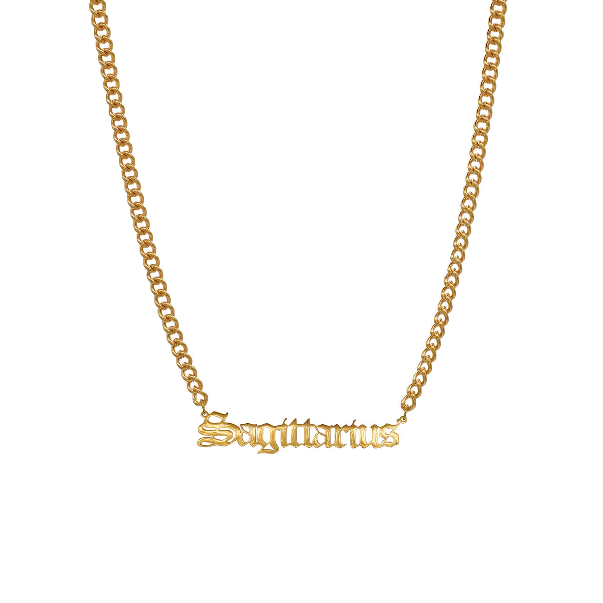 Starborn Patterns 18k Gold Plated Stainless Steel Zodiac Sign Astrology Cuban Chain Link Necklace Choker with Sagittarius Old English Font Charm