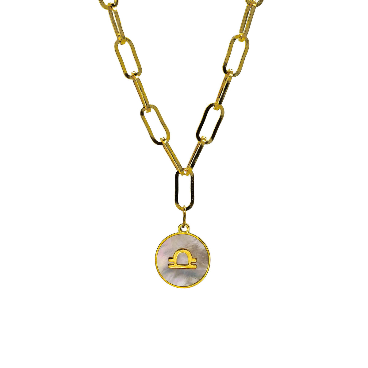 Starborn Patterns 18k Gold Plated Stainless Steel Zodiac Sign Astrology Paperclip Chain Necklace with Abalone Libra Charm Pendant