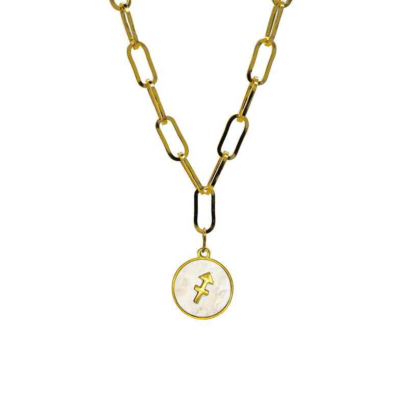Starborn Patterns 18k Gold Plated Stainless Steel Zodiac Sign Astrology Paperclip Chain Necklace with Abalone Sagittarius Charm Pendant