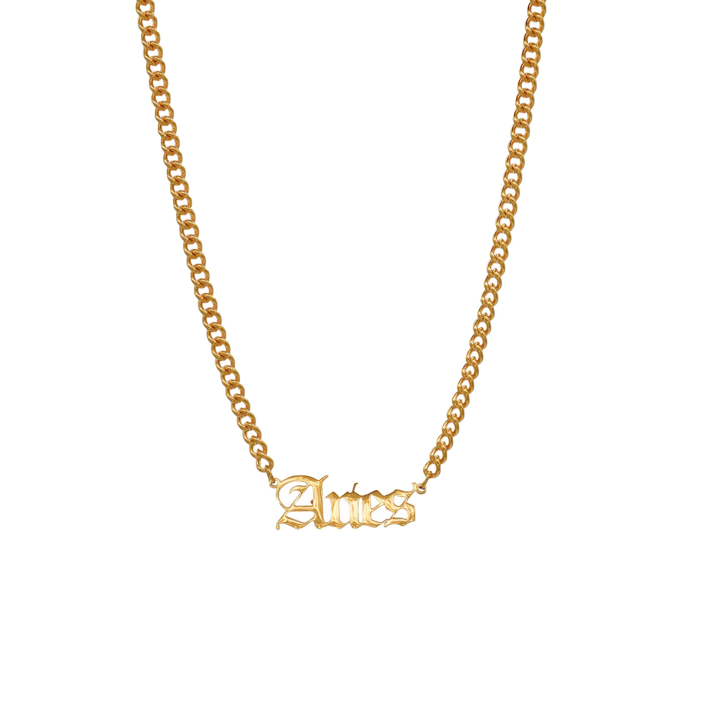 Starborn Patterns 18k Gold Plated Stainless Steel Zodiac Sign Astrology Cuban Chain Link Necklace with Aries Old English Font Charm